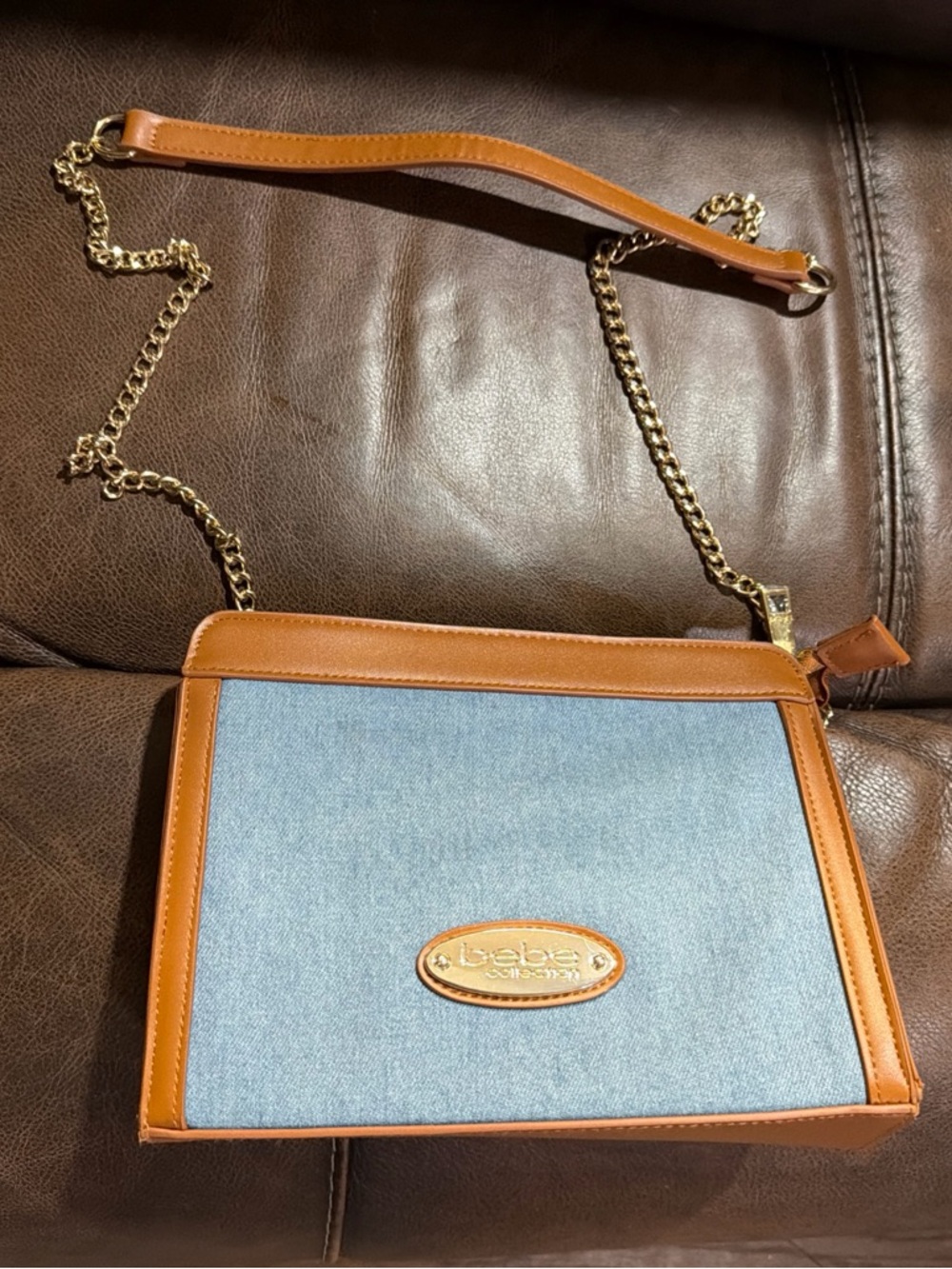 Bebe Light Blue Denim and Tan Trim Chain Crossbody Bag